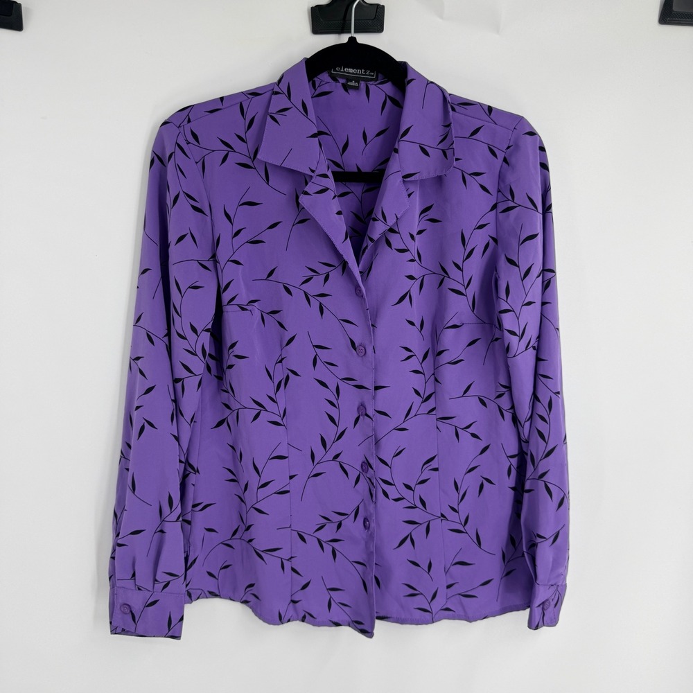 Elementz Womens Purple Black Leaf Vine Print Button Down Blouse Small Whimsigoth